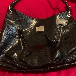 GUESS Black Croc-Embossed Patent Shoulder Bag